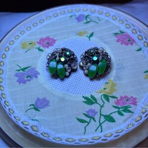 Antique Green Marquise Floral Clip-On Earrings